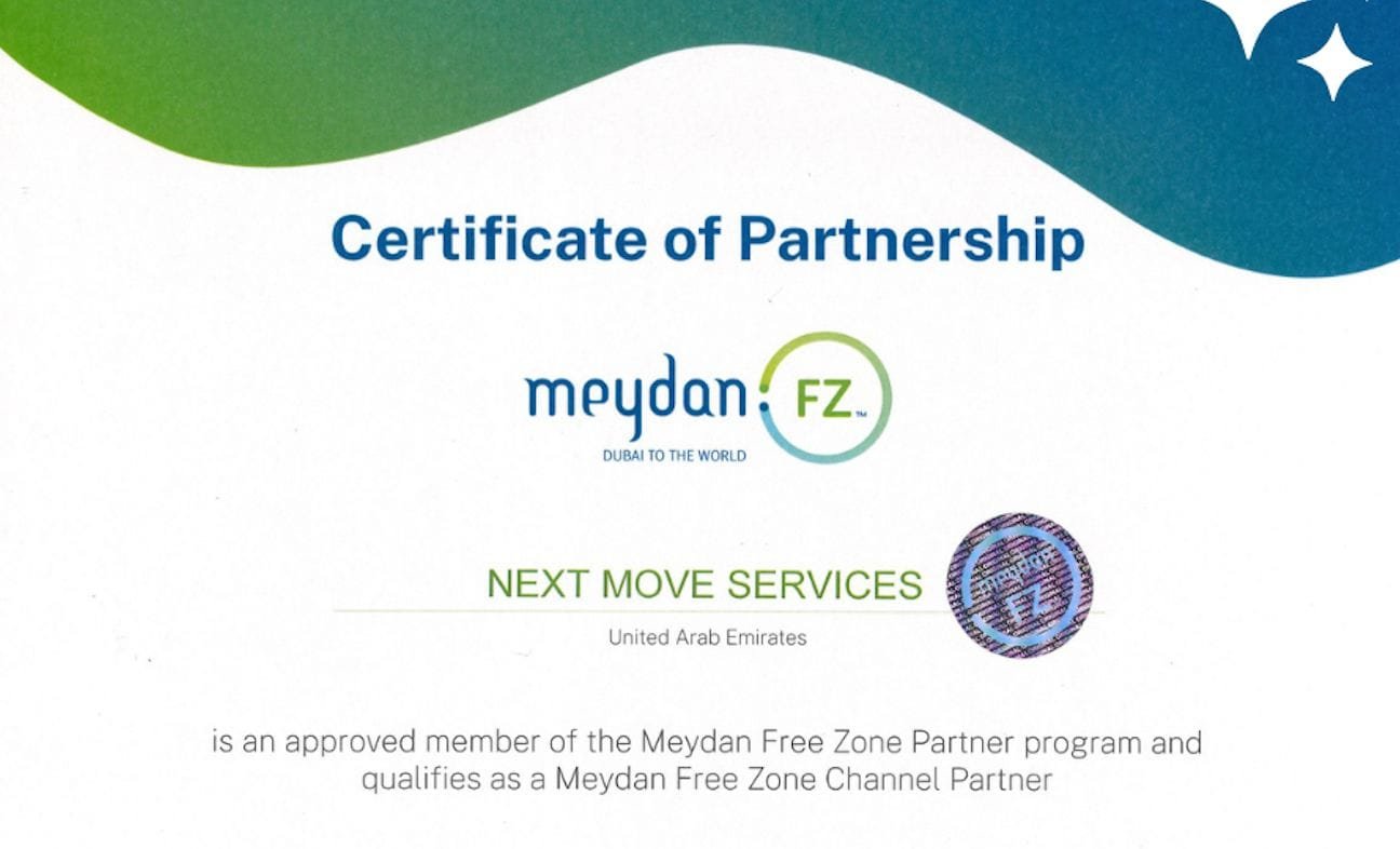 Meydan Dubai Freezone Certificate of Partnership with Nextmove Services