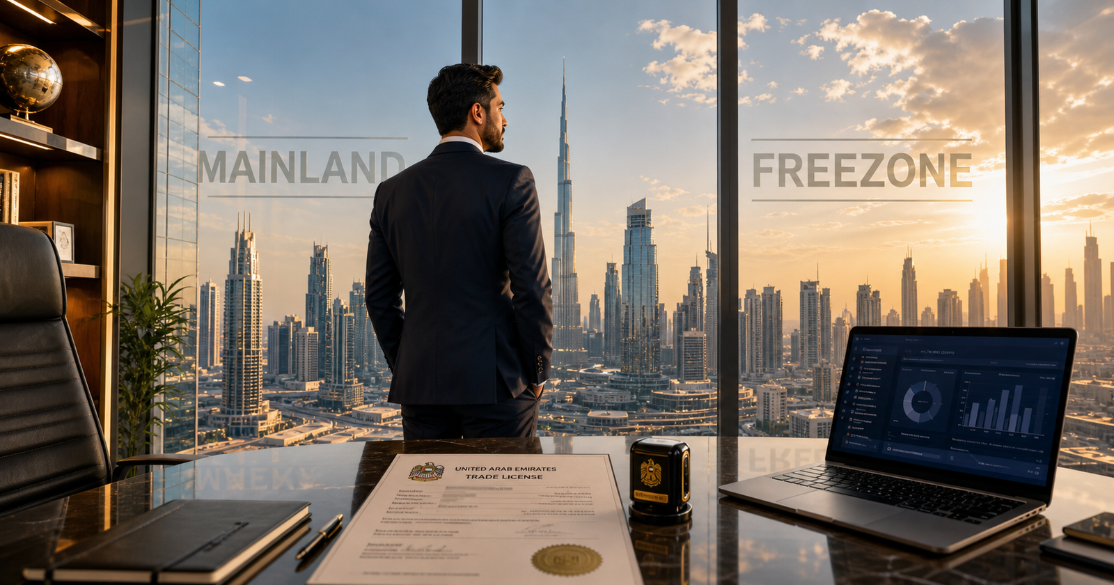 business setup in uae comparison mainland vs freezone Dubai skyline with trade license document and entrepreneur, company formation UAE 2026