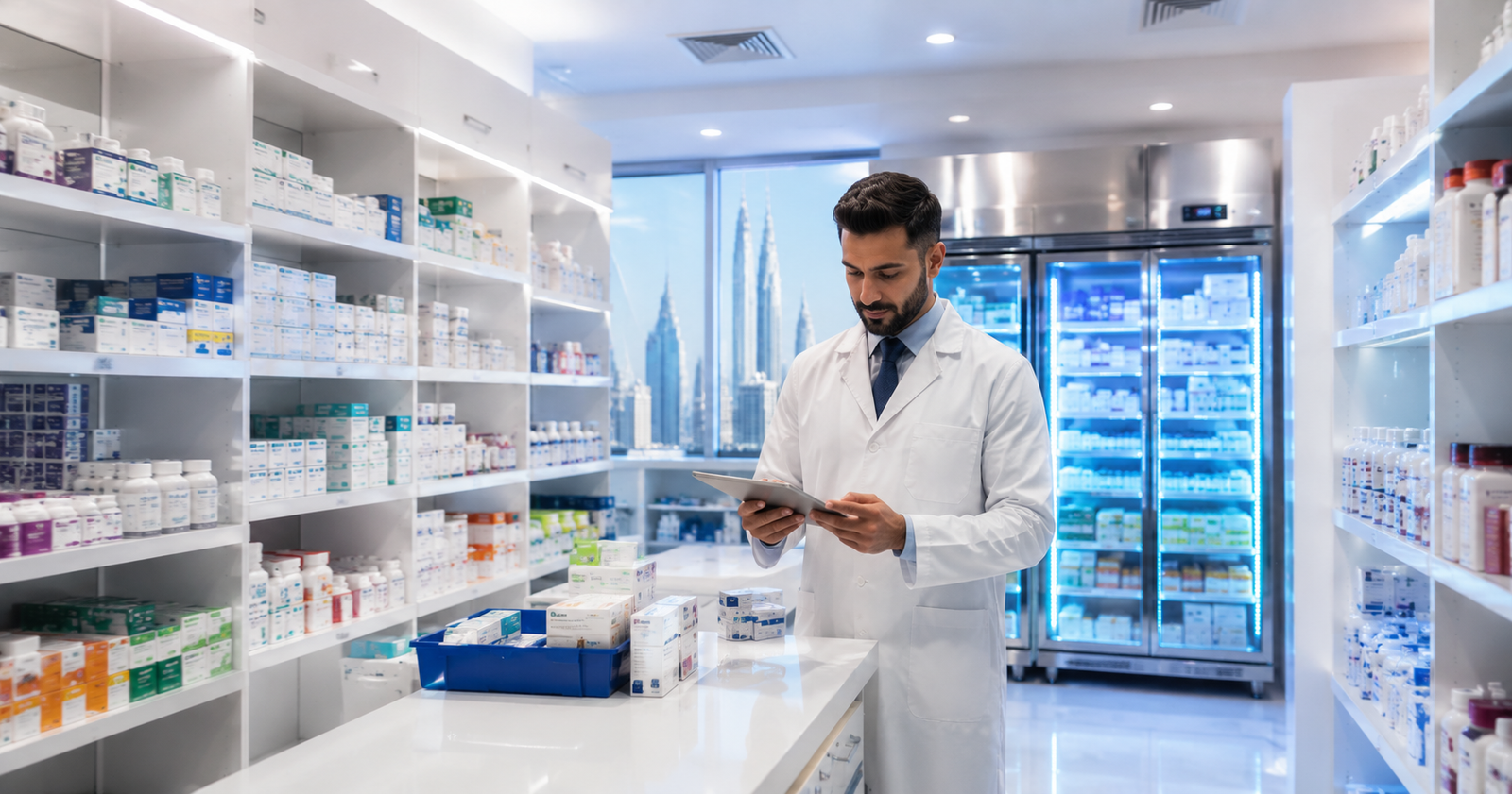 Licensed drug store setup in UAE showing organized pharmaceutical shelves and cold storage units, medical warehouse setup Dubai